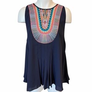 Ranna Gill x Anthropologie Navy Embroidered Bib Sleeveless Boho Blouse Top